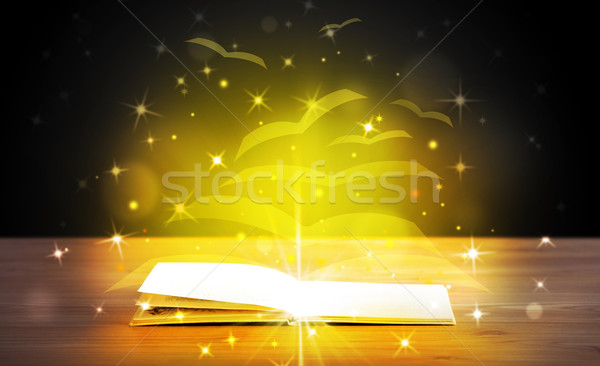Nyitott könyv arany izzik repülés papír oldalak Stock fotó © ra2studio