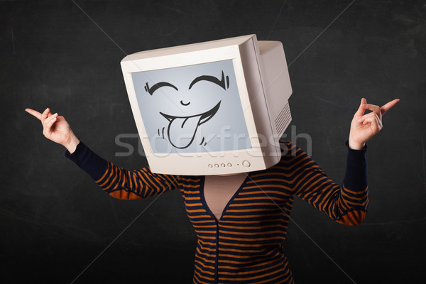 Jong meisje monitor grappig gezicht gebaar vrouw Stockfoto © ra2studio