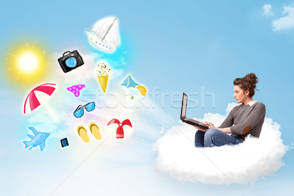 Jungen Geschäftsmann Sitzung Wolke Laptop ziemlich Stock foto © ra2studio