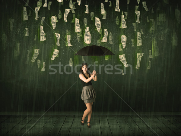 Geschäftsfrau stehen Dach Dollar Rechnung Regen Stock foto © ra2studio