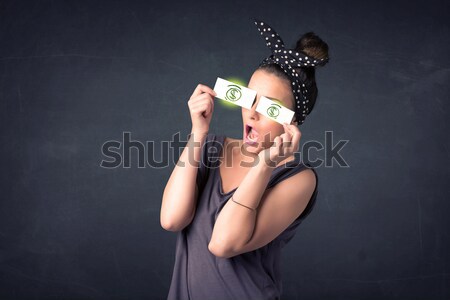 Boldog lány néz kézzel rajzolt papír szem szemüveg Stock fotó © ra2studio