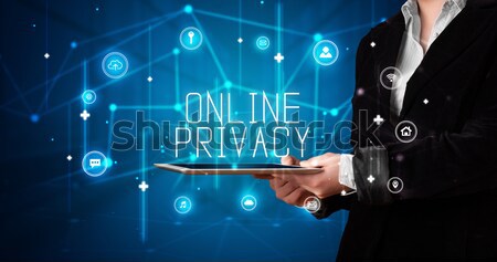 Business man with glowing media icons exploding head  Stock photo © ra2studio
