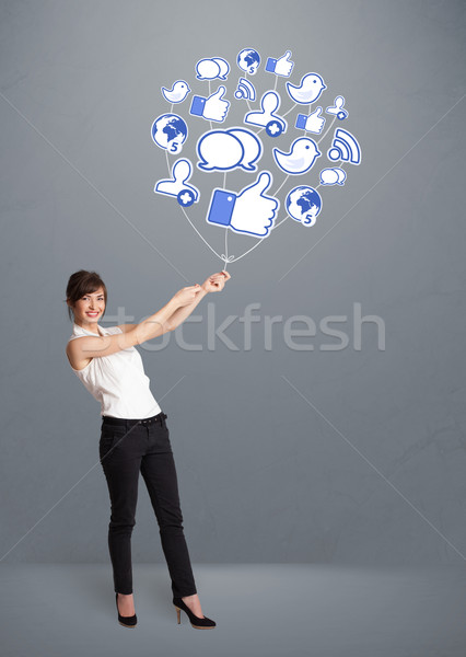 Stockfoto: Mooie · vrouw · sociale · icon · ballon · jonge