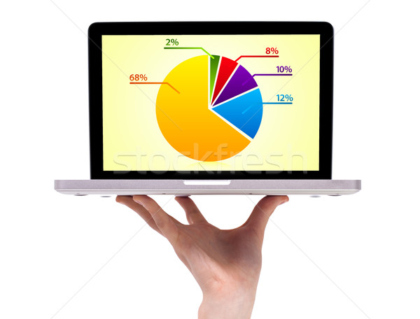 A male hand holding a laptop with pie chart Stock photo © ra2studio