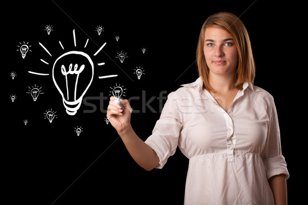 [[stock_photo]]: Femme · dessin · ampoule · jeune · femme · affaires