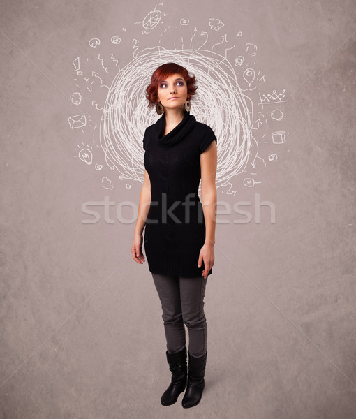 Pretty young girl with abstract circular doodle lines and icons Stock photo © ra2studio