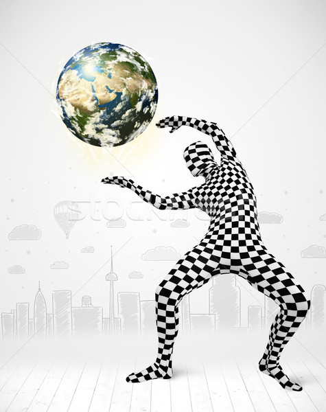 Férfi egészalakos öltöny tart Föld vicces Stock fotó © ra2studio
