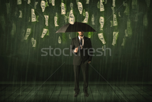 Imprenditore piedi ombrello dollaro bill pioggia Foto d'archivio © ra2studio