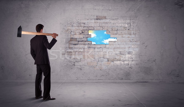 Business man hitting brick wall with hammer Stock photo © ra2studio