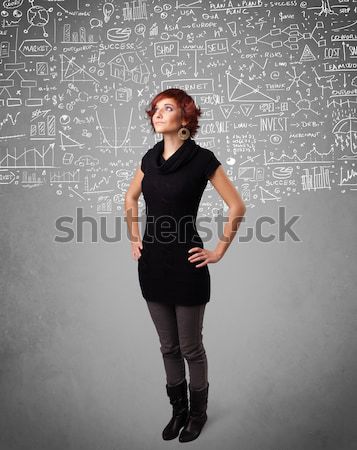 Young pretty lady with hand drawn calculations and icons Stock photo © ra2studio