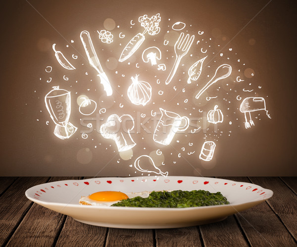 Plate of food with white kitchen icons Stock photo © ra2studio