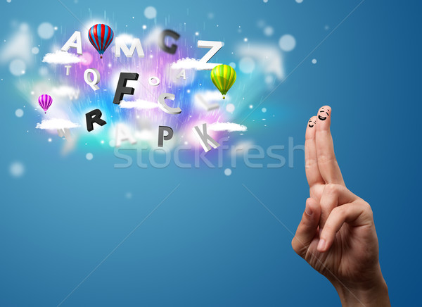 Happy cheerful smiley fingers looking at colorful magical clouds and balloons illustration Stock photo © ra2studio