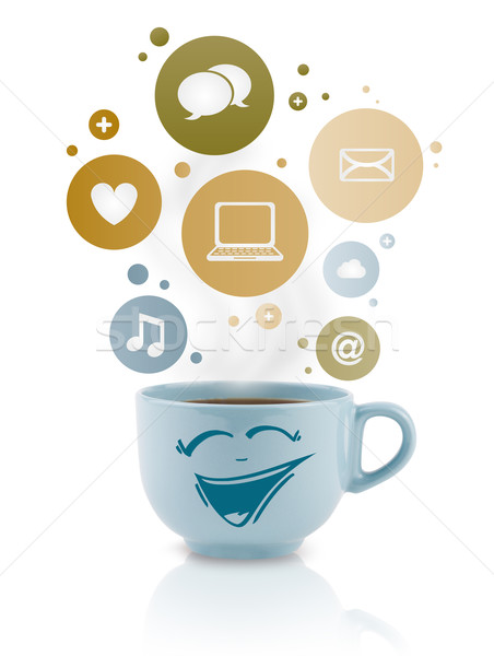 Stok fotoğraf: Kahve · fincanı · sosyal · medya · simgeler · renkli · kabarcıklar · yalıtılmış