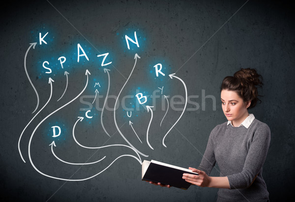 Mooie vrouw lezing boek meervoudig keuzes jonge vrouw Stockfoto © ra2studio