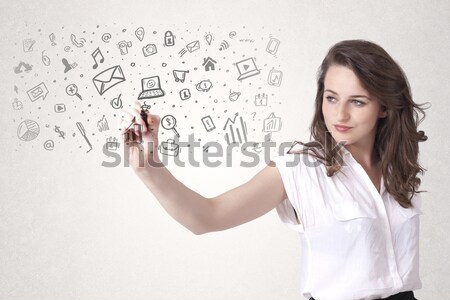 Stockfoto: Mooie · dame · notebook · grafieken · statistiek