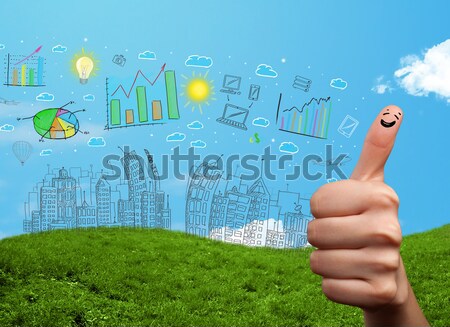 Happy smiley fingers looking at hand drawn urban city landscape Stock photo © ra2studio
