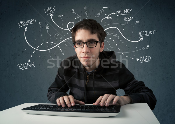 Fiatal hacker fehér rajzolt vonal gondolatok Stock fotó © ra2studio