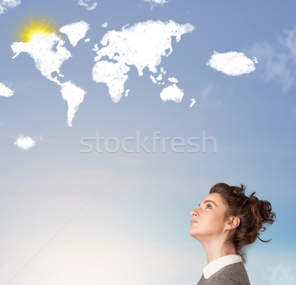 Stockfoto: Jong · meisje · naar · wereld · wolken · zon · blauwe · hemel