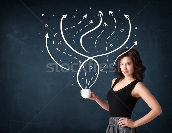 Stock photo: Businesswoman holding a white cup with lines and arrows