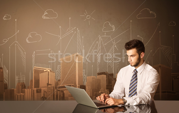 Empresário edifícios sessão preto tabela sorrir Foto stock © ra2studio