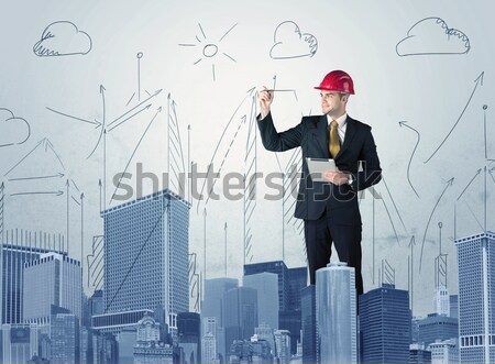 Stockfoto: Jonge · werknemer · tekening · stad · zicht · architect