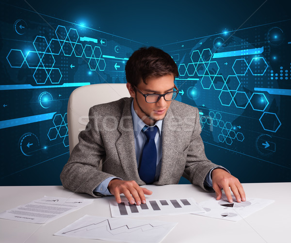 Foto stock: Empresário · papelada · futurista · jovem · escritório · papel