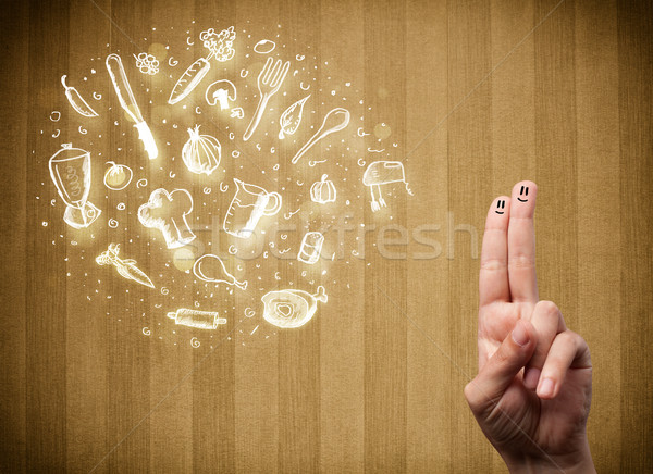 Cheerful finger smileys with food and kitchen hand drawn icons Stock photo © ra2studio
