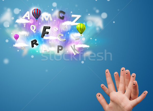 Happy cheerful smiley fingers looking at colorful magical clouds and balloons illustration Stock photo © ra2studio