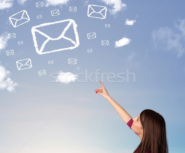 Junge Mädchen schauen Mail Symbol Wolken blauer Himmel Stock foto © ra2studio