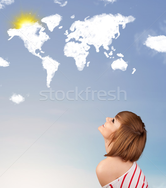 Stok fotoğraf: Genç · kız · bakıyor · dünya · bulutlar · güneş · mavi · gökyüzü