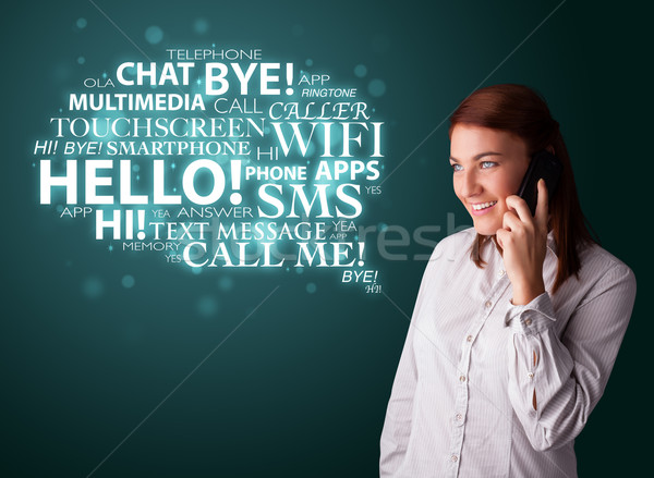 Young girl calling by phone with word cloud Stock photo © ra2studio