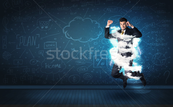 Foto stock: Feliz · hombre · de · negocios · saltar · tormenta · nube · alrededor