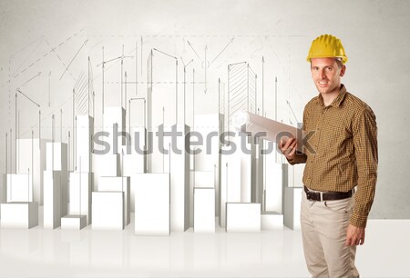 Construction worker planing with 3d buildings in background  Stock photo © ra2studio