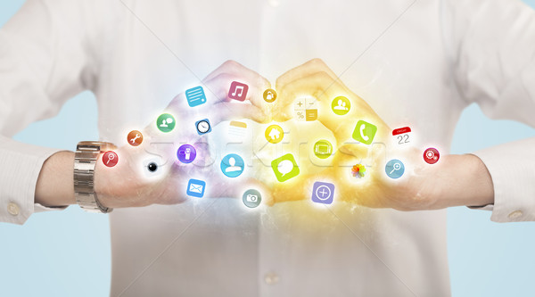 Foto stock: Manos · forma · móviles · aplicación · iconos · colorido