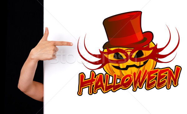 Kobieta strony wskazując halloween podpisania odizolowany Zdjęcia stock © ra2studio