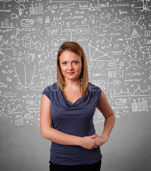 Young pretty lady with hand drawn calculations and icons Stock photo © ra2studio