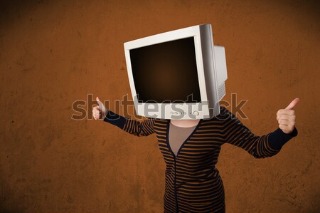 Stock photo: Business man with a monitor on his head and brown empty space