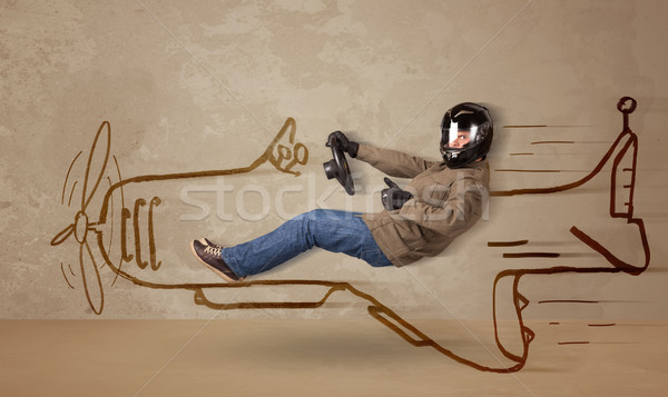 Vicces pilóta vezetés kézzel rajzolt repülőgép fal Stock fotó © ra2studio