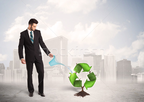 Business man watering green recycle sign tree on city background Stock photo © ra2studio