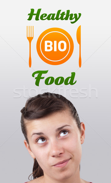 Stockfoto: Jong · meisje · naar · gezonde · voeding · teken · hoofd · gebaar