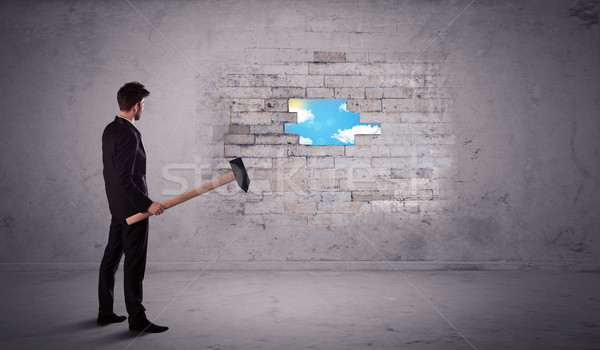 Business man hitting brick wall with hammer Stock photo © ra2studio