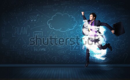 Stock fotó: Boldog · üzletember · ugrik · vihar · felhő · körül