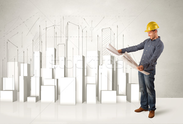 Construction worker planing with 3d buildings in background  Stock photo © ra2studio