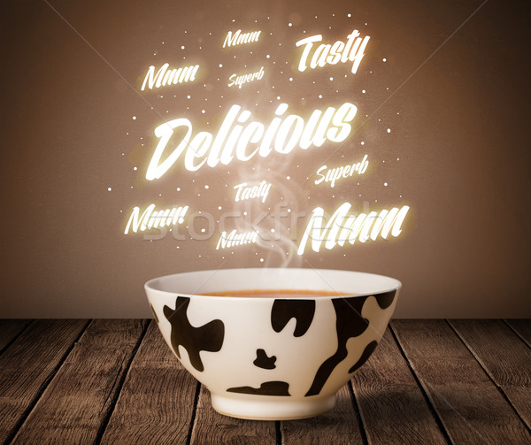 Stock photo: Soup with delicious and tasty glowing writings