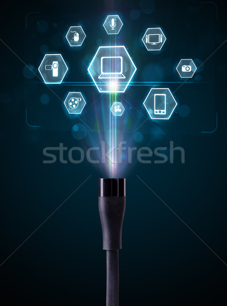 Elektrische Kabel Multimedia Symbole glühend heraus Stock foto © ra2studio