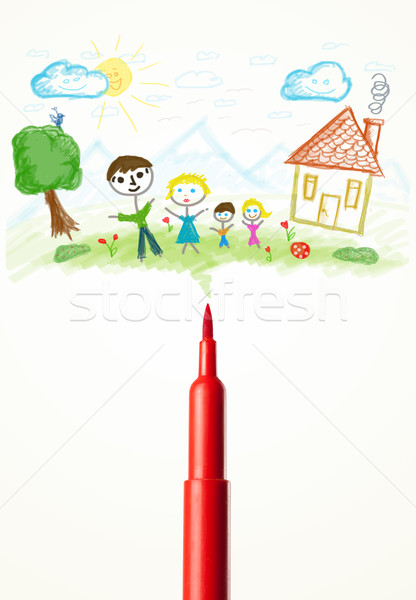 Stock photo: Felt pen close-up with a drawing of a family