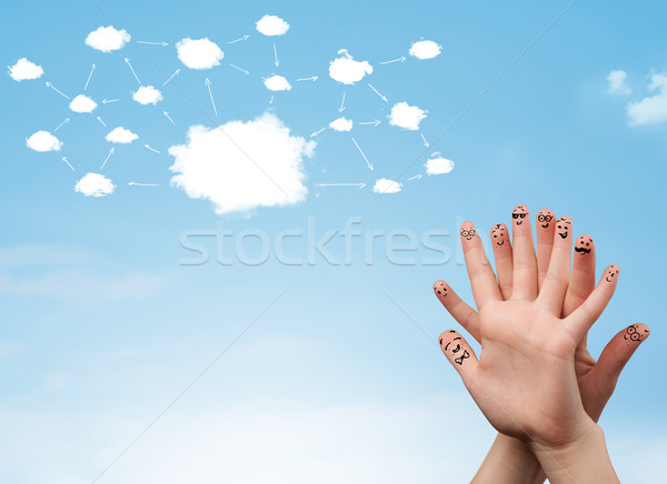 Stockfoto: Vinger · cloud-netwerk · gezichten · hand · glimlach