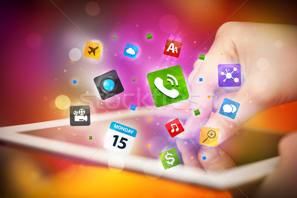 Hand touching tablet pc, social network concept Stock photo © ra2studio
