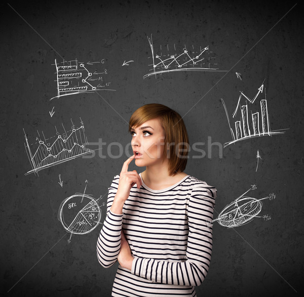 Młoda kobieta myślenia wykresy około głowie zamyślony Zdjęcia stock © ra2studio