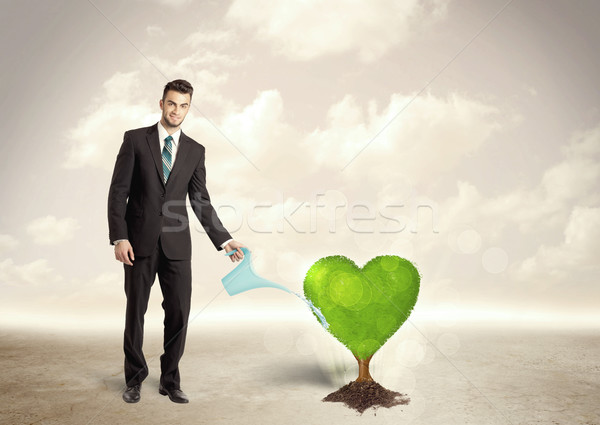 Business man watering heart shaped green tree Stock photo © ra2studio